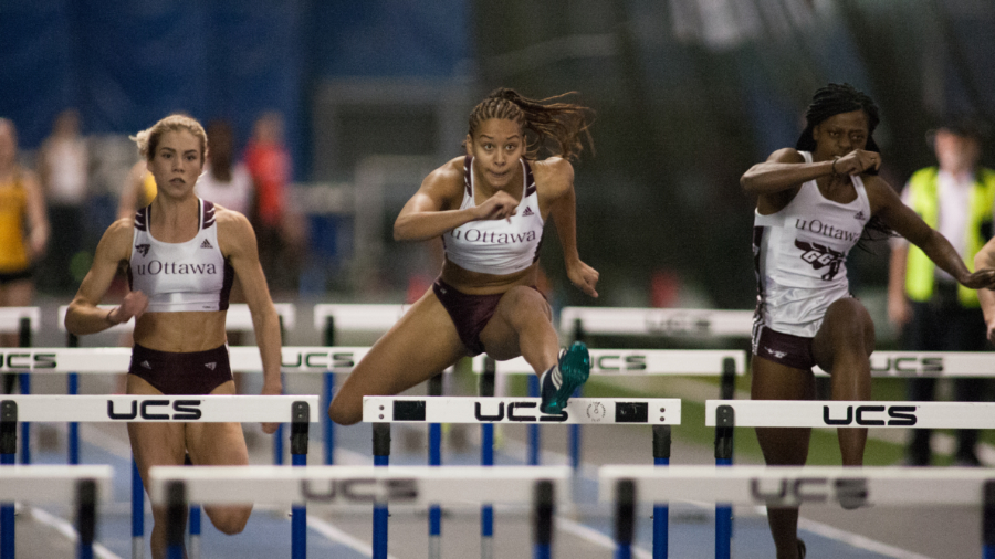 (January 20, 2018 -- Ottawa, Ontario) Mary Ollier, Keira Christie-Galloway and Tania Bambi competing in the uOttawa Winter National Invitational at the Louis-Riel Dome. Copyright, Miles Ryan Rowat