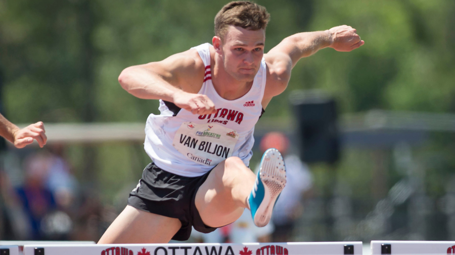 OTTAWA, ON -- 04 July 2018: John Claude Van Biljon of South Africa and the Ottawa Lions racing in the decathlon 110m hurdles at the 2018 Pan American Combined Events Cup held at the Terry Fox Athletics Facility in Ottawa, Canada. (Photo by Sean Burges / Mundo Sport Images).