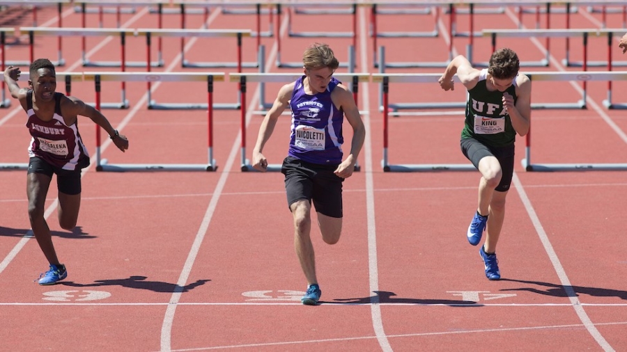 (Guelph, Canada---07 June 2019) From left to right in the midget boys 100m hurdles final, Andile Mabaleka (5th), Luca Nicoletti (Gold), Ryder King (Bronze), and Syelis Brooks (4th) at the 2019 OFSAA Ontario High School Track and Field Championships held at Alumni Stadium at the University of Guelph. Copyright image 2019 Sean W Burges / Mundo Sport Images