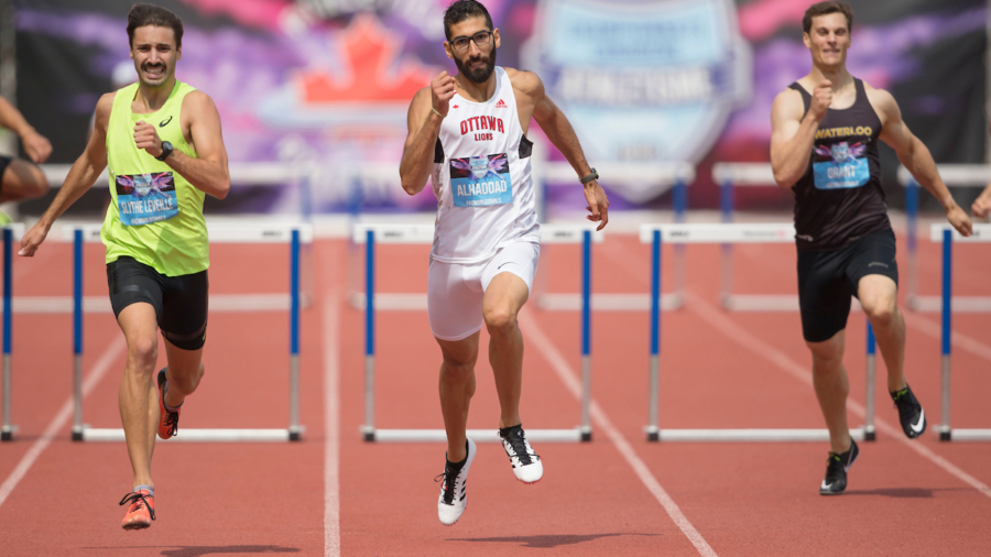(Montreal, Canada---28 July 2019) Trinity Tutti throwing to win the U20 shot putThe final of the men's 400m hurdles, from left to right, Gabriel Slythe Leveille (Gold), Saj Alhaddad (silver), Oliver Grant (bronze) at 2019 Canadian Track and Field Championships at the Claude Robillard Sports Centre in Montreal. 2019 Copyright Sean Burges / Mundo Sport Images www.mundosportimages.com