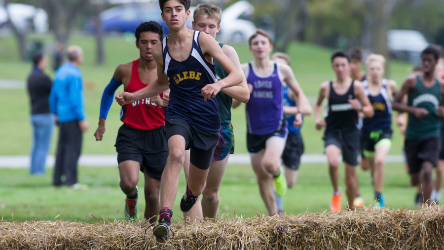 (Ottawa, Canada---13 October 2017) Adam Sanger of Glebe Collegiate Institute (finished second) leads the pack over the hay bales early in the boys Junior Varsity High School Capital Challenge Cross Country Race in Ottawa, Canada. (Photo by Sean Burges / Mundo Sport Images)