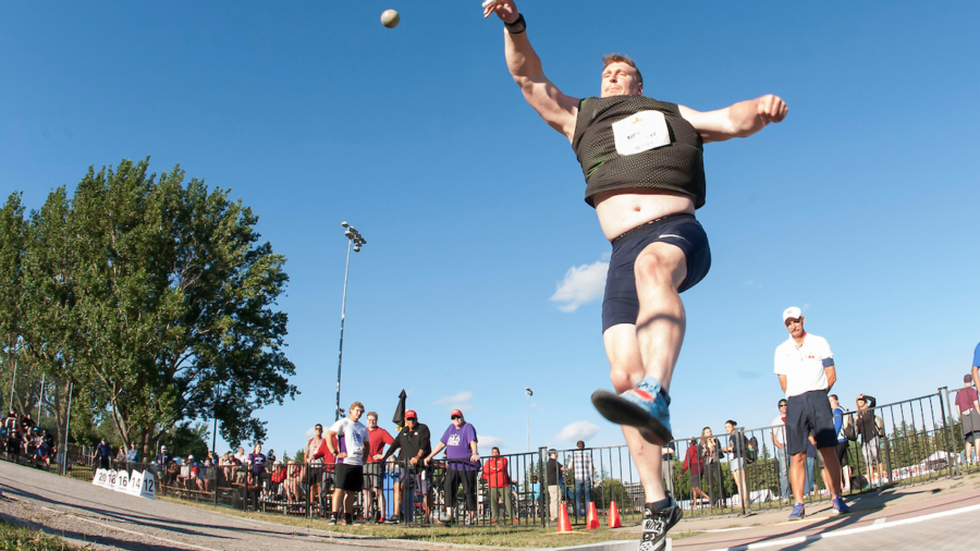 OTTAWA, ON -- 06 July 2018: Tim Nedow throwing to victory in the shot put (20.94m) at the 2018 Athletics Canada National Track and Field Championships held at the Terry Fox Athletics Facility in Ottawa, Canada. (Photo by Sean Burges / Mundo Sport Images).