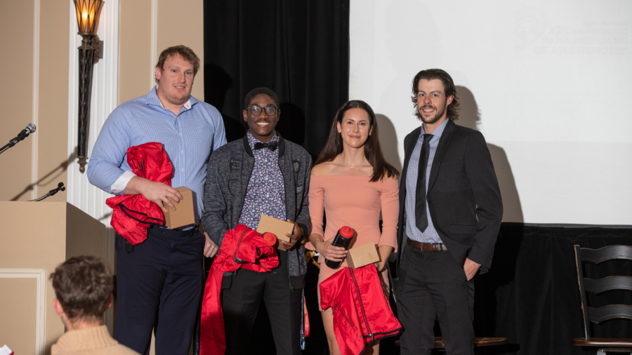 (October 19, 2019 -- Ottawa, ON) President Award winners Tim Nedow, Leewinchell Jean, Helena Jovic with Richard Johnston at the 2019 Ottawa Lions Track and Field Club Annual Awards Banquet held at Tudor Hall.