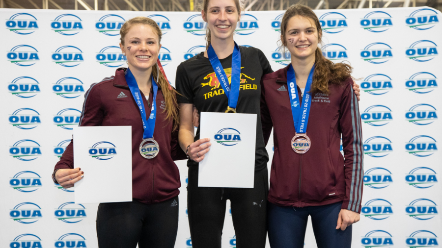 (February 22, 2020 -- Ottawa, Ontario) The women's 600m medalists Madison Clarke (Ottawa), Jenna Smith (Guelph) and Maeliss Trapeau (Ottawa) at the 2020 OUA Track and Field Championships at the Toronto Track and Field Centre on the campus of York University.
Copyright Miles Ryan Rowat / Mundo Sport Images