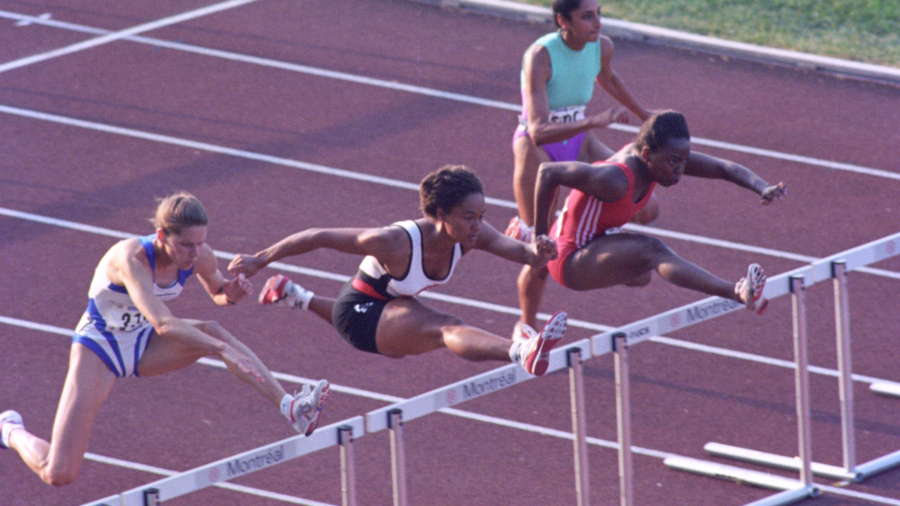 (Montreal, Canada---28 July 1995) From right to left, Sonya Paquette, Lesley Tashlin, and Keturah Anderson at the 1995 Canadian National Track and Field Championships. Photo 1995 Copyright Sean Burges / Mundo Sport Images.