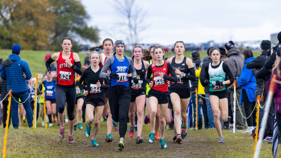 (Kingston, Canada---14 November 2021) Madeleine Seaby, Kyla Martin, Amelia Van Brabant, and Abigail Sammut. racing in the U18 Girls race at the 2021 Athletics Ontario Cross Country Championships held on Fort Henry Hill in Kingston, Ontario.. Photograph copyright 2021 Sean Burges / Mundo Sport Images.