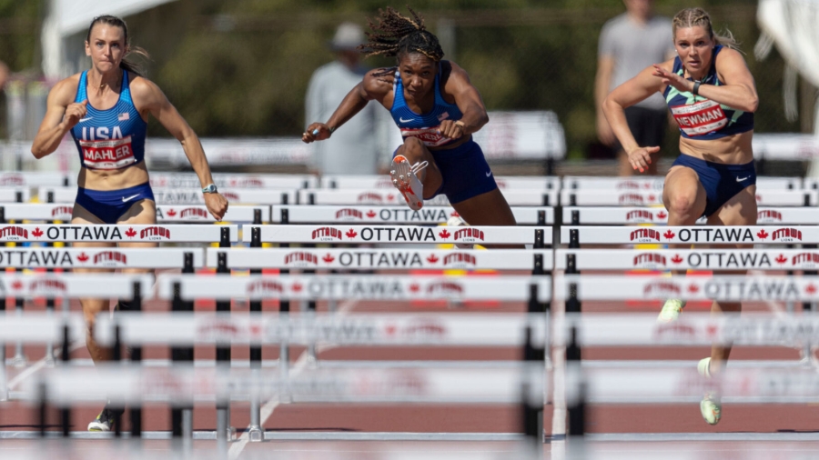 (Ottawa, Canada---14 May 2022) (L-R) Maude Léveillé, Ashtin Mahler, Michelle Atherley, Alysha Newman competing in the heptathlon 100m hurdles at the 2022 NACAC North America, Central America, and Caribbean Combined Events Championships held at the Terry Fox Athletic Facility. Copyright 2022 Sean Burges / Mundo Sport Images