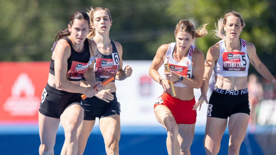 (Langley, British Columbia ---26 June 2022) (l-r) Helena Jovic, Mary Ollier, Alexandra Telford, and Sydney Smith competing on day five of the Canadian Track and Field Championships at McLeod Athletic Park.
Photograph 2022 Copyright Miles Ryan Rowat / Mundo Sport Images