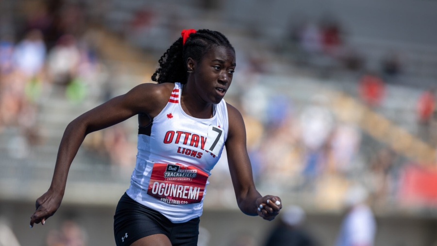 (Langley, British Columbia ---23 June 2022) Doyin Ogunremi competing on day two of the Canadian Track and Field Championships at McLeod Athletic Park.

Photograph 2022 Copyright Miles Ryan Rowat / Mundo Sport Images ******* EDITORIAL USE ONLY *******
******* EDITORIAL USE ONLY *******
******* EDITORIAL USE ONLY *******