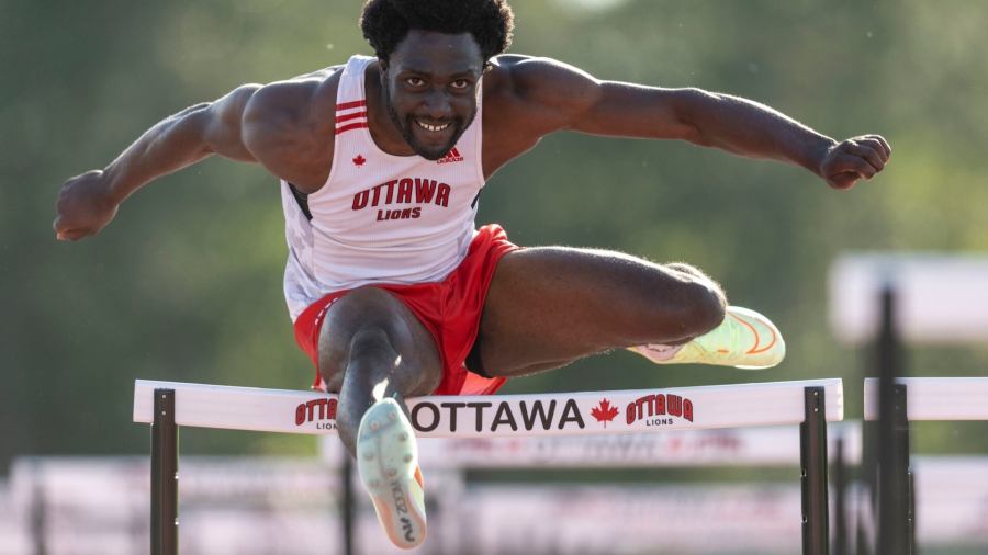 (Ottawa, Canada---08 June 2022) David Adeleye racing in the 110m hurdles competing at Ottawa Summer Twilight Series Meet Three. 2022 Copyright Sean Burges / Mundo Sport Images