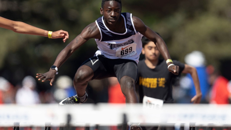 (York, Canada — 3 June 2022) Timeo Atonfo of Gis?le-Lalonde - Ottawa competing in the sprint hurdle heats at the 2022 OFSAA Ontario High School Track and Field Championships held at the Toronto Track and Field Centre at York University. 2022 Copyright Sean Burges / Mundo Sport Images.