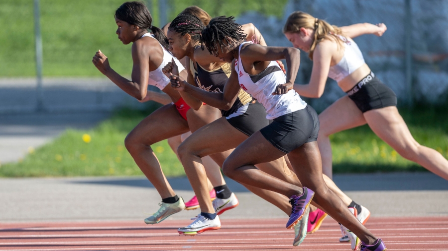 (Ottawa, Canada---13 May 2023) Women's 100m final, Bianca Borgella in the lead at the 2023 Spring Kick Starter Track and Field meet held at the Terry Fox Athletic Facility. Copyright 2023 Sean Burges / Mundo Sport Images.