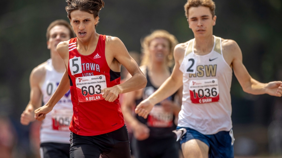 (Toronto, Canada---16 July 2023) Nicolas Belan of Ottawa Lions T.F.C. races in the 800m at the 2023 Athletics Ontario Junior/Senior Championships held at the Metro Toronto Track and Field Center. Photograph Copyright 2023 Sean Burges / Mundo Sport Images.