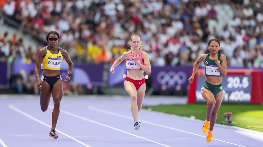 Evelis Aguilar of Colombia, Lauren Gale of Canada and Miranda Charlene Coetzee of South Africa compete during the Women's 400m Round 1 of the Athletics on Stade de France during the Paris 2024 Olympics Games on August 5, 2024 in Paris, France. AFP7 05/08/2024 (Europa Press via AP)