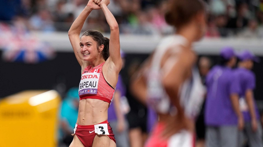 Canada's Maeliss Trapeau reacts after competing in women's 800 meters semifinal at the World Athletics Championships in Tokyo, Friday, Sept. 19, 2025. (AP Photo/Eugene Hoshiko)